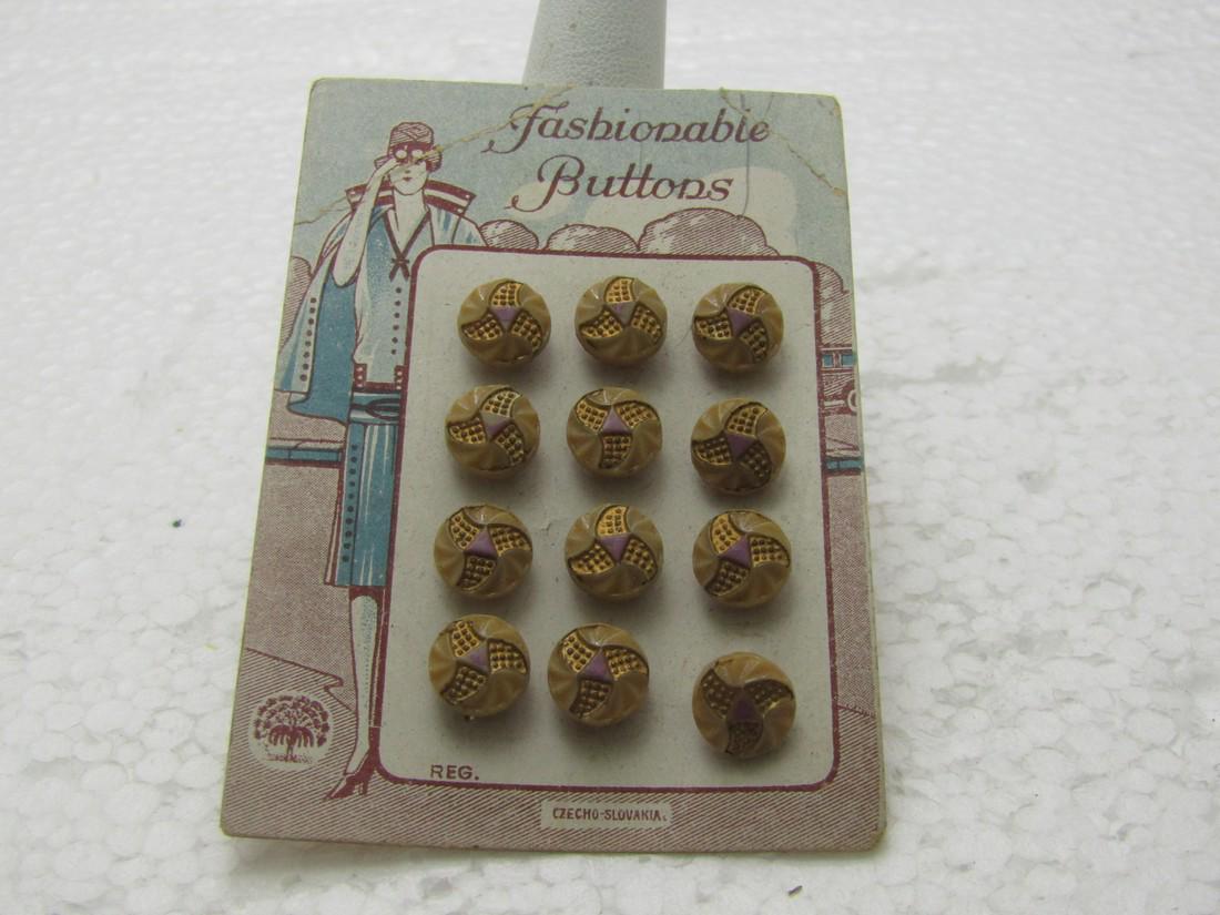 12 Early Czech Sewing Button Lot, Tan & Gold, New: 12 Early Czech Sewing Button Lot, Tan & Gold, New Vintage Stock on Card, 1920's-1930's, on original card marked Fashionable Buttons with a woman in a 1920's outfit as the image on the card. Marked Cze