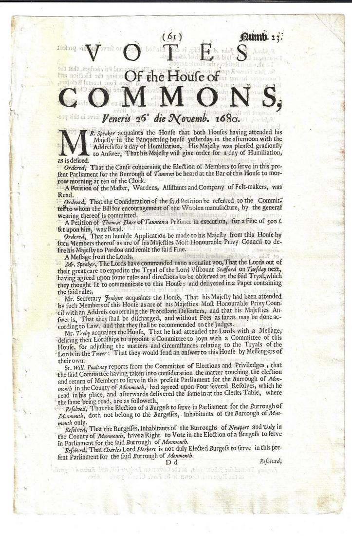 1680 English Newspaper Parliament Impeachment: The November 26, 1680 issue of "Votes of the House of Commons", printed at London, two sides complete printed for John Wright and Richard Chiswell, London. Interesting recap of proceedings of the Hous