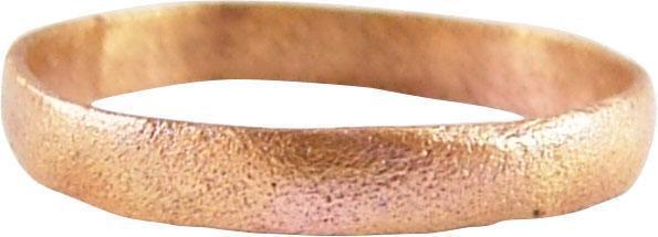 VIKING WOMAN’S WEDDING RING 10TH-11TH CENTURY AD SZ 4 ¾: Rounded face band, 2.6mm lightly textured from burial. Size 4 ¾ for the small finger as was the custom in some regions. Professionally refurbished with the 24k gold surface restored. Reserve: $55.00