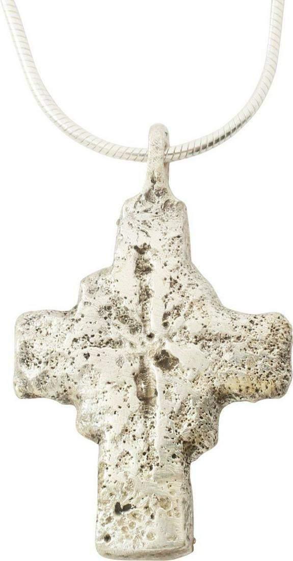 MEDIEVAL EUROPEAN PILGRIM'S RELIQUARY CROSS NECKLACE: 7TH-10TH century AD. The back recessed for the inclusion of a holy relic that was sealed in. Carried by European pilgrims traveling to the Holy Land to visit the land where Christ lived and died. 1 1/