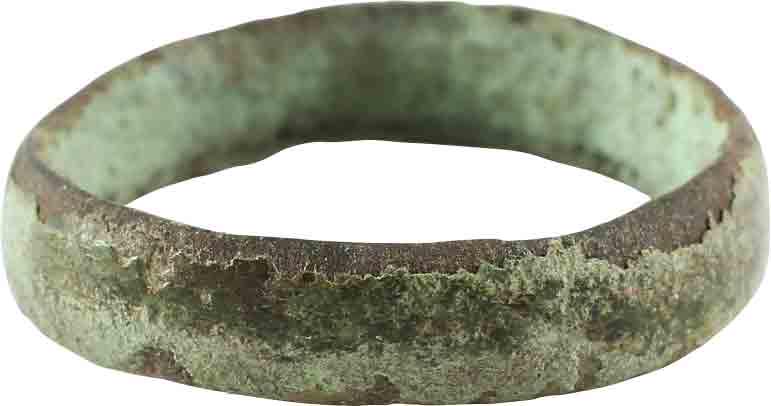 RARE ANCIENT VIKING RING, 900-1050 AD JEWELRY SIZE 8 ¾: No Reserve! Size 8 3/4. Low rounded face band of 4.9mm width. Surface encrusted with green patina. Gift boxed with certificate of authenticity. Vikings exchanged rings on the pommel of the groom’s s