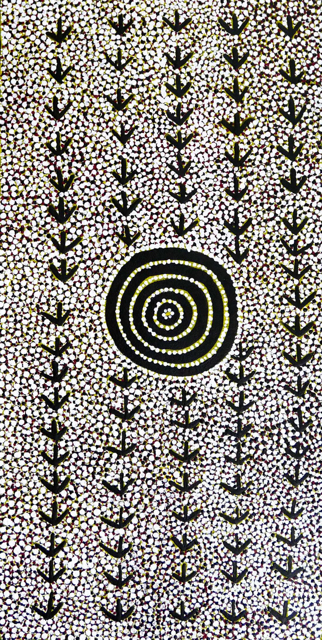 Gallery Edition Signed Aboriginal Dreamtime Art: Wild: Title: Gallery Edition Signed Aboriginal Dreamtime Art: Wild Pigeon Dreaming Date/Period: 2019 Material: Acrylic on Canvas Dimension: 23.6") x 11.8" (W) Description: Country: Ilkawerne, Utopia Region,