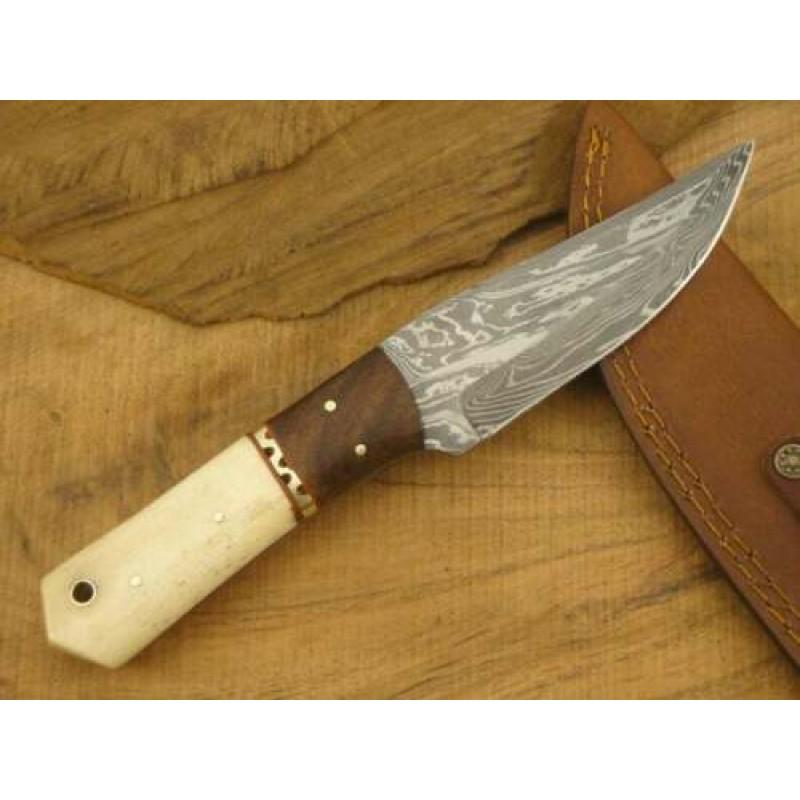 Rare Damascus steel knife, Camel Bone with Brass Mosaic: Knife "Groomsmen" made of damask steel. Handle – Camel Bone with Brass Mosaic, scabbard - sheep leather sheath. Damascus knives are very durable, look great and keep sharpness perfectly. Modern patt