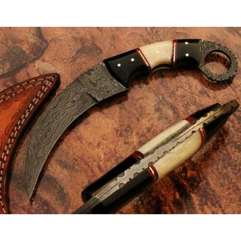 Damascus steel knife, Handle made of buffalo and camel: Knife "Buffalo" made of damask steel. Handle made of buffalo and camel, scabbard - sheep leather sheath. Damascus knives are very durable, look great and keep sharpness perfectly. Modern pattern-welde