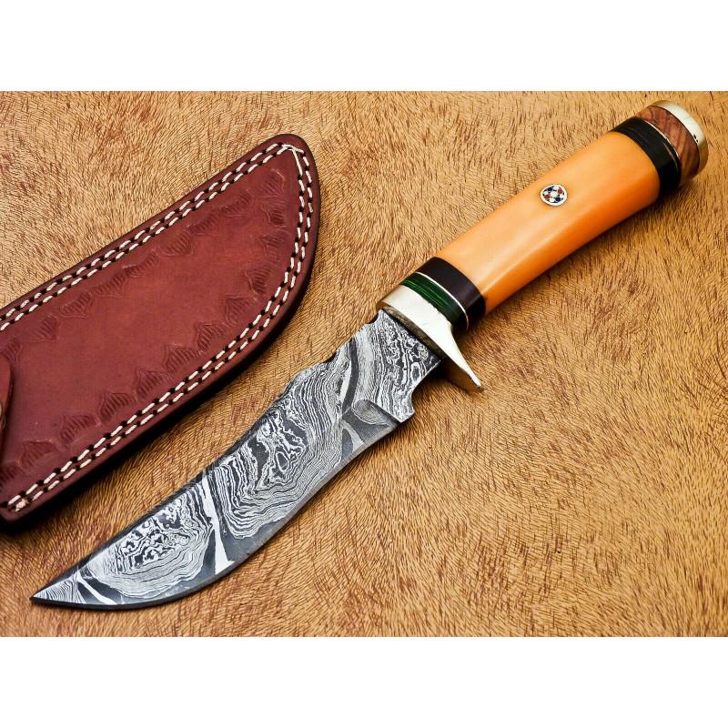 Damascus steel knife, leather sheath, stained camel: Knife "Ox" made of damask steel. Handle – stained camel bone & hard wood, scabbard - leather. Damascus knives are very durable, look great and keep sharpness perfectly. Damascus steel has high quali