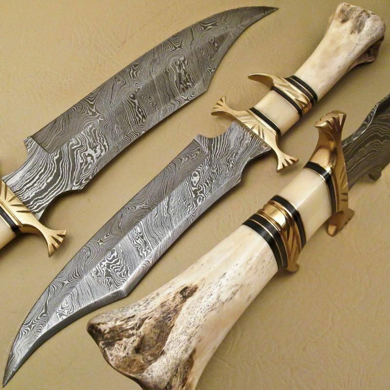 Hand made Damascus steel knife,with leather sheath,: Knife "Stuff" made of damask steel. Handle – camel bone, scabbard - leather. Damascus knives are very durable, look great and keep sharpness perfectly. Damascus steel has high quality contents to gi