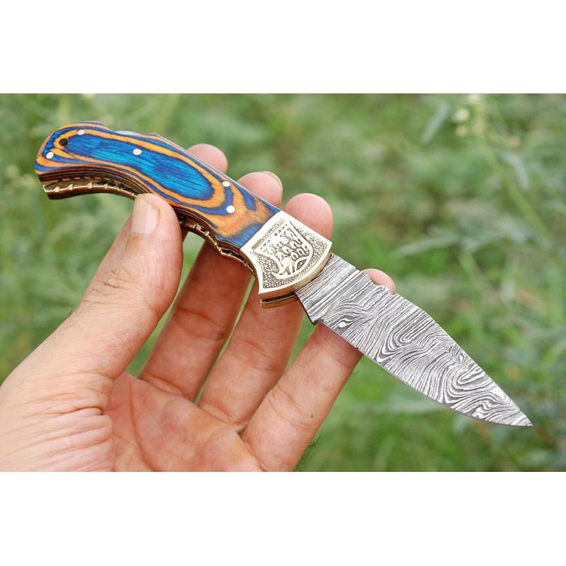 Damascus steel knife, leather sheath, stain wood and (1 of 3)