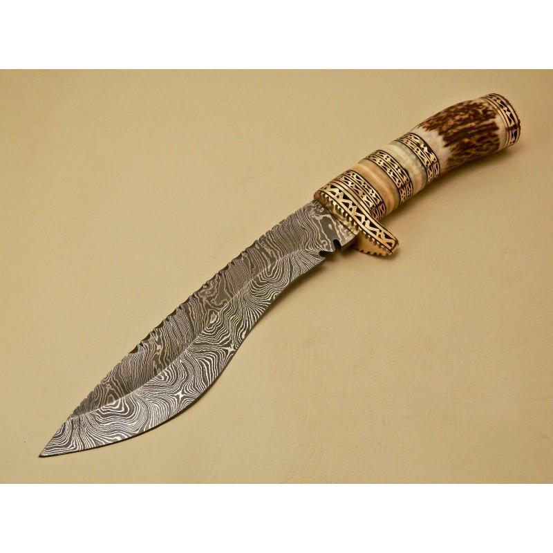 Stag Horn Damascus steel knife, with leather sheath,: Knife "Chimera" made of damask steel. Handle – horn & bone with brass frame, scabbard - leather. Damascus knives are very durable, look great and keep sharpness perfectly. Damascus steel has high qu