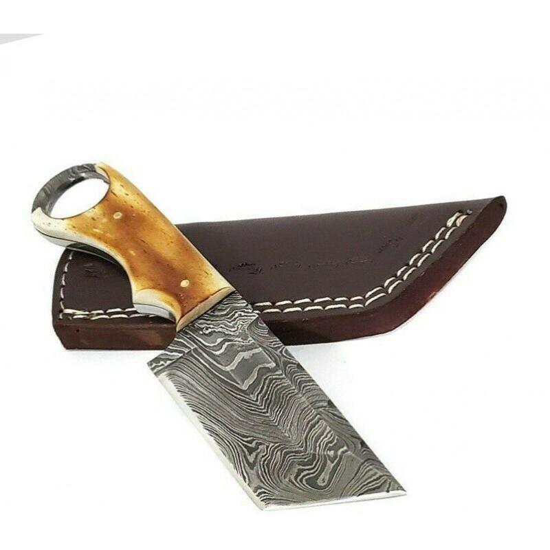 Damascus steel knife, with leather sheath, burnt camel: Knife "Jackal" made of damask steel. Handle – burnt camel bone, scabbard - leather . Damascus knives are very durable, look great and keep sharpness perfectly. Damascus steel has high quality conten