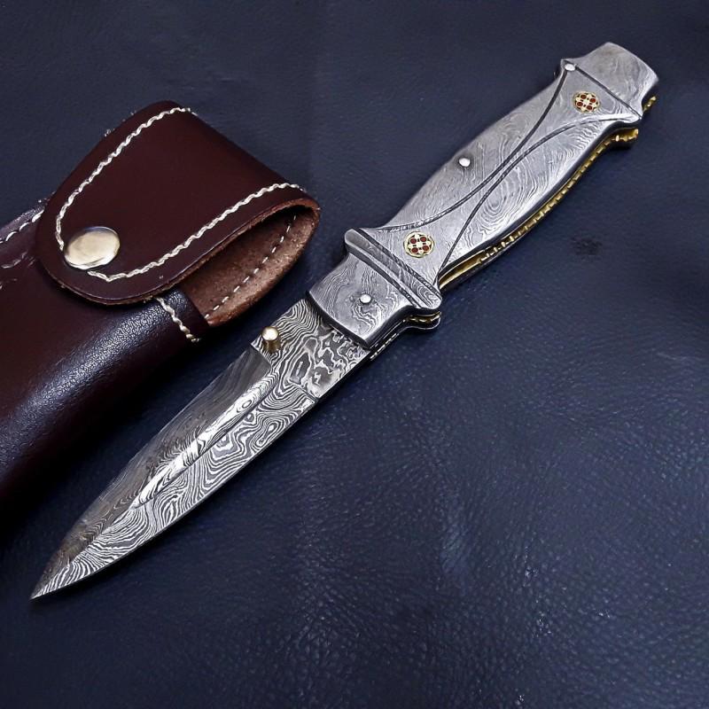 Damascus Pocketknife, fish scaler, leather sheath, (1 of 4)