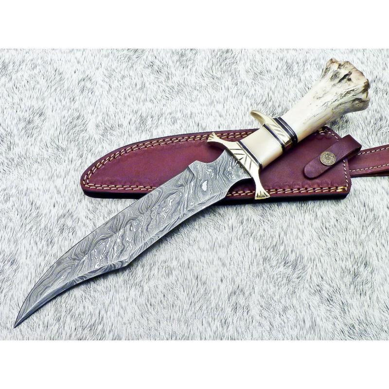 Damascus steel knife, scabbard leather, real camel bone: Knife "Pressure" made of damask steel. Handle – camel bone and hard wood, scabbard - leather. Damascus knives are very durable, look great and keep sharpness perfectly. Superb looking handle of this