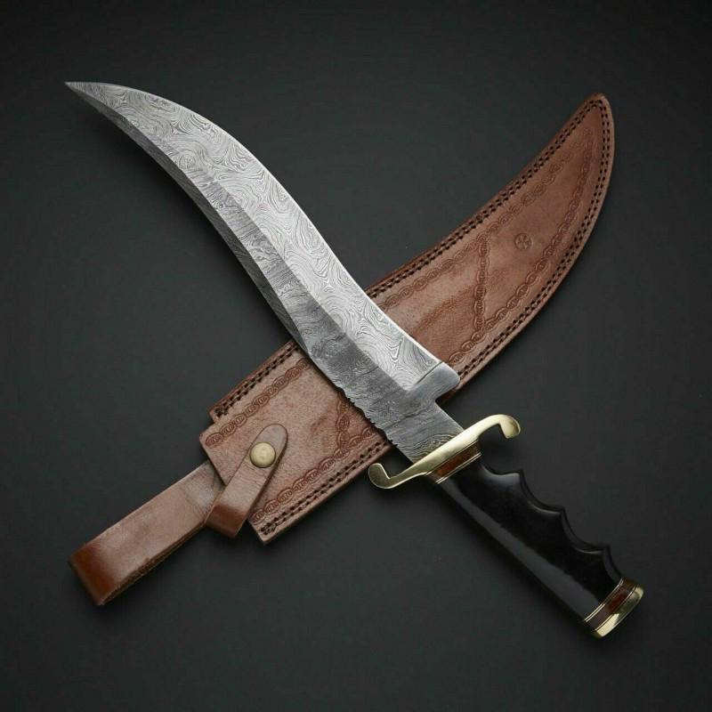 Black micarta damascus steel knife, leather sheath, (1 of 3)