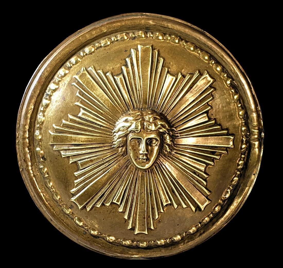 Sun King Medallion: Title: Sun King Medallion Date/Period: Early 19th Century Dimension: 5 1/4" D Provenance:Sun King medallion in brass depicting Louis the 14th "The Sun King" symbol (from an old clock pendulum) Shippin