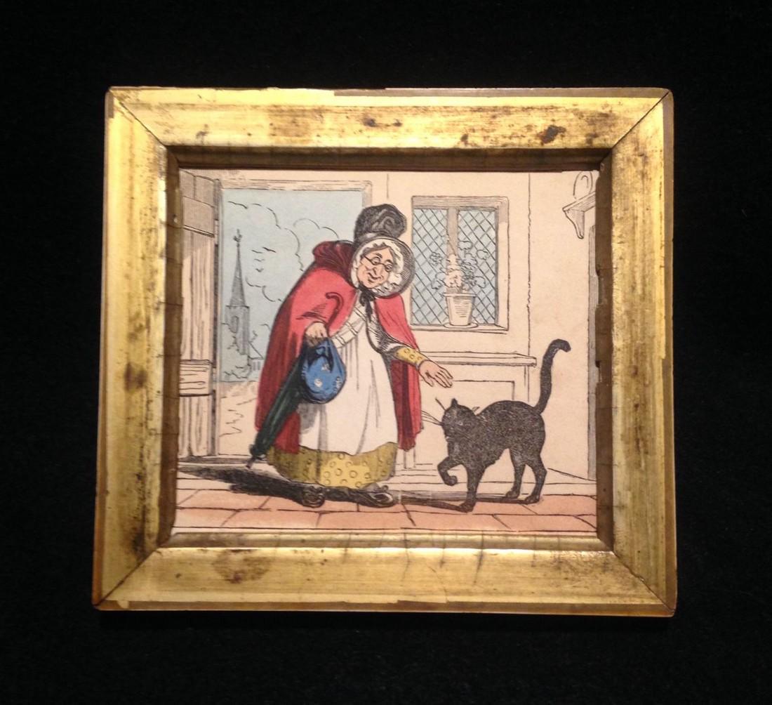 C1840 hand colored woodcut of a black cat and woman (1 of 2)