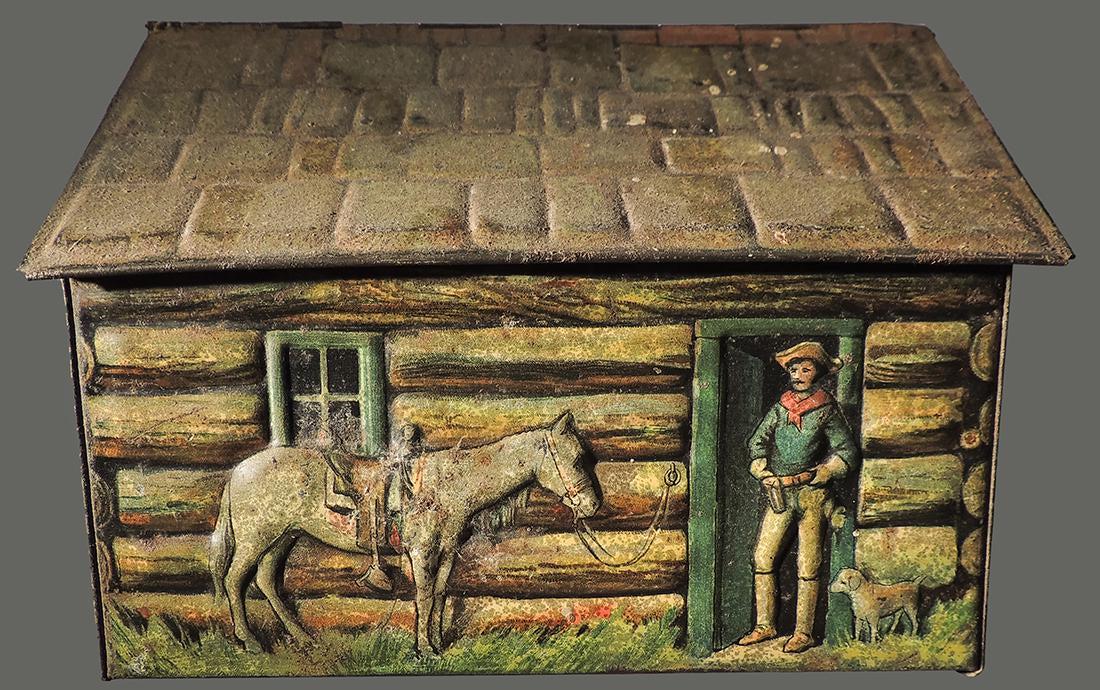 Rare “Log Cabin” printed Biscuit Tin (1 of 6)