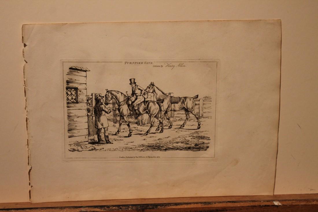 Alken - 1828 Equine Engraving: Artist: Alken Title: 1828 Equine Engraving Printing Date: 1828 Medium: Ink on Paper Size/Format: 13.5"X10" Additional Information: Copper plate engraving by Henry Thomas Alken Sr. (1785-1851). Part of