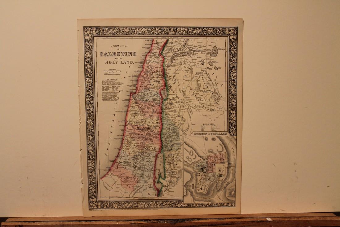 1864 Map of Palestine: Author: Mitchell Title: 1864 Map of Palestine Medium: Ink on Paper Dimensions: 12.5"X15.5" Description: Map of Palestine dated 1864. Published by Augustus Mitchell in Philadelphia. Elaborate border. C