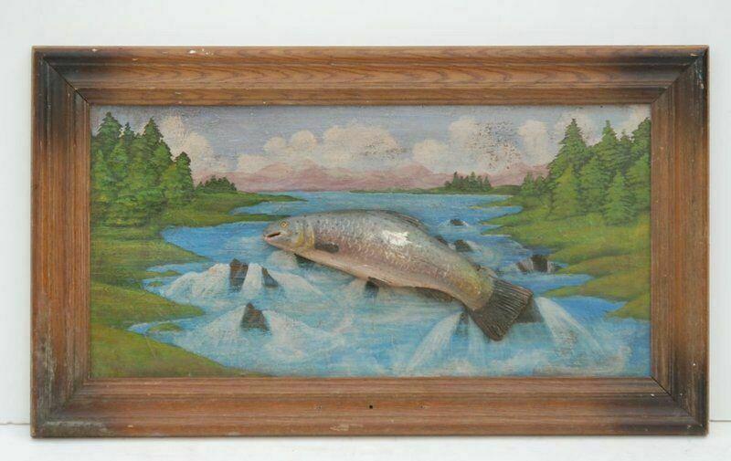 Folk Art Painted Diorama of Fish: Folk Art Painted Diorama of Fish Has an old oak frame, note trout in relief. Approximately 45" x 12". Reserve: $450.00 Shipping: Domestic: Flat-rate of $45.73 to anywhere within the contiguous U.S.