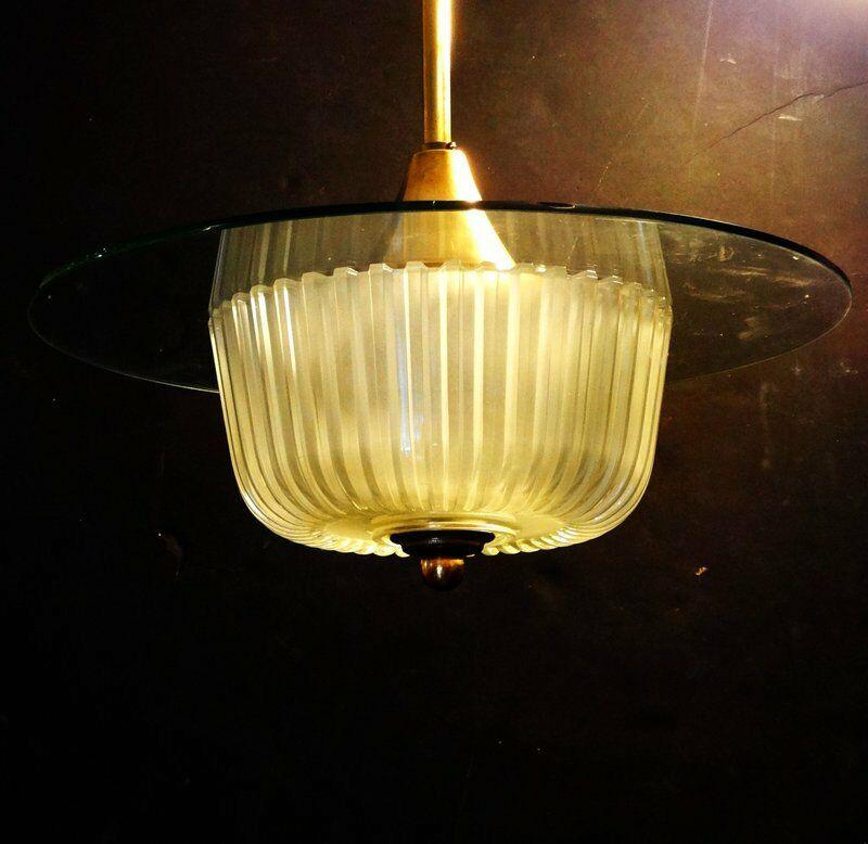 Vintage Brass and Frosted Glass Modernist Ceiling (1 of 2)