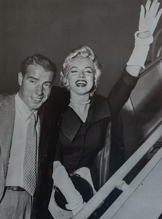 JACK CLARITY - Joe DiMaggio, Marilyn Monroe Boarding: Artist: JACK CLARITY Title: Joe DiMaggio, Marilyn Monroe Boarding Plane, 1954 Medium: Photo Litho, 2016, USA Dimensions: 9.45x12.65" Description: Heat Wax Mounted on 14x18" Conservation Board Reserve: