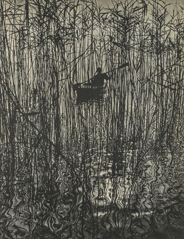 RUTH HALLENSLEBEN - Along the Reeds: Artist: RUTH HALLENSLEBEN Title: Along the Reeds Medium: Photo Litho, 1961, USA Dimensions: 8.2x10.6" Description: Heat Wax Mounted on 11x14" Conservation Board Artist Bio: Ruth Hallensleben (German, 
