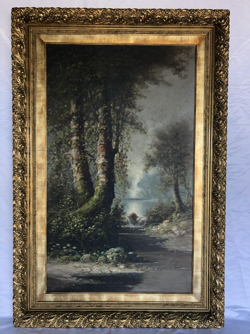 1897 ADM Cooper Large California Birches Along Stream: Title: 1897 ADM Cooper Large California Birches Along Stream Landscape Painting Date/Period: 1897 Material: Oil on canvas Dimension: Dimensions (height x width):49 1/2" x 29 1/4" (image sight)60" x 41