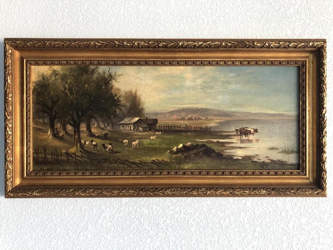 1888 William Keith Original American Barbizon Pastoral: Title: 1888 William Keith Original American Barbizon Pastoral Oil on Canvas Date/Period: 1888 Material: Oil on canvas Dimension: Dimensions (height x width):12" x 29 1/2" (image sight)18" x 35 3/4" (f