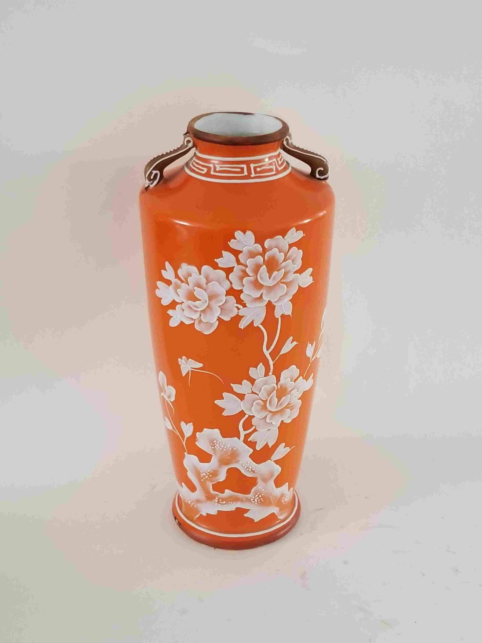 Mid Century Orange Art Deco Nippon Vase: Title: Mid Century Orange Art Deco Nippon Vase Maker: NA Origin: Japan Date/Period: 1950s Materials:Porcelain Size:9 x 4 inches Description:This lovely and rare Niippon art deco vase glows in orange a
