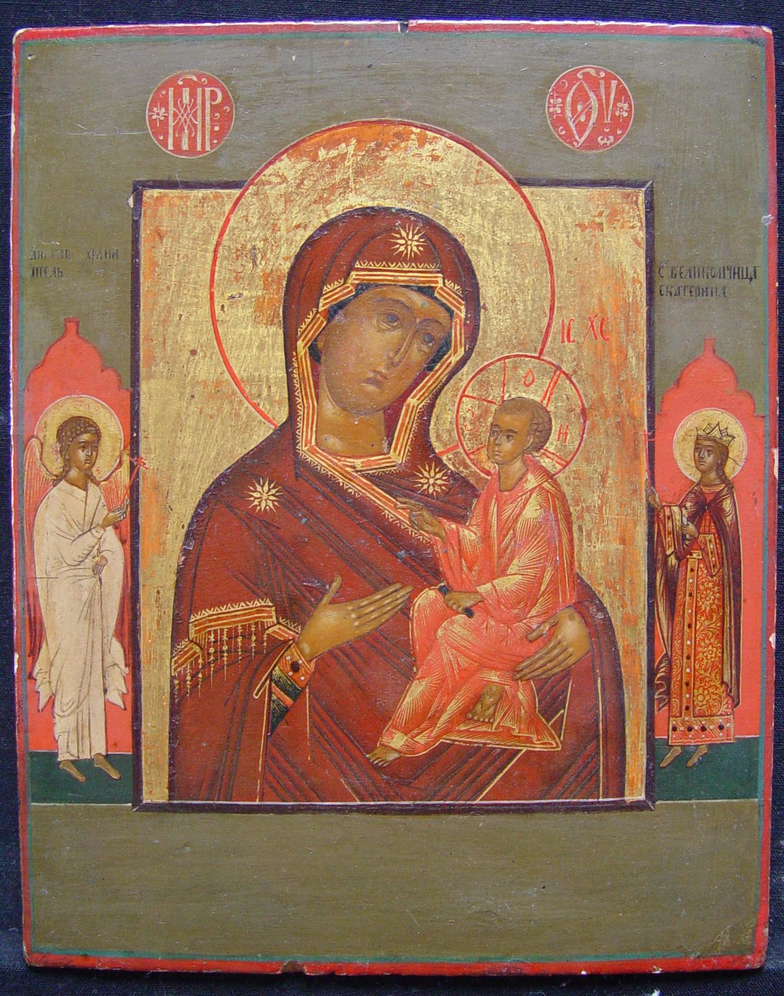 Mother of Tichvin: Title: Mother of Tichvin Origin: Russia Date: 19th century Materials: tempera on wooden board Size: size 18.5 x 14.5cm Additional Information: This is one of the most highly venerated Icons of Russia.