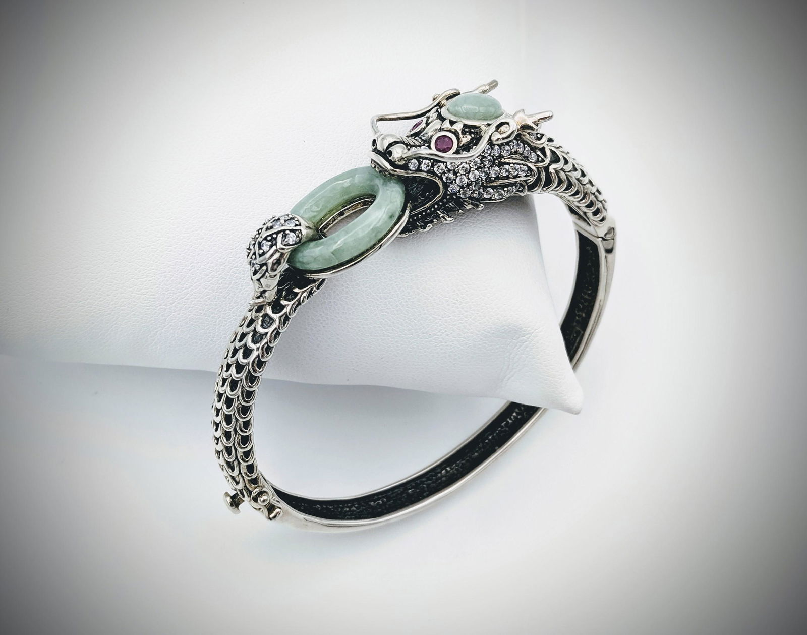 Sterling Silver Dragon Bangle w Jade, Raw Rubies & CZs (1 of 3)