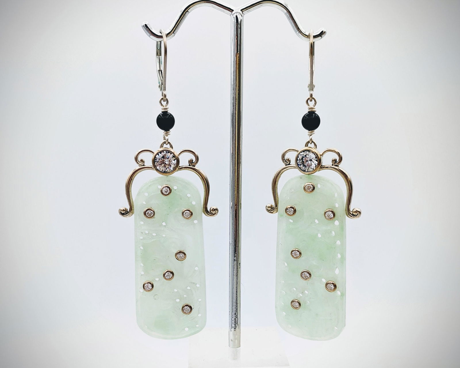 Sterling Silver Engraved Jade Earrings w CZs & Black (1 of 3)