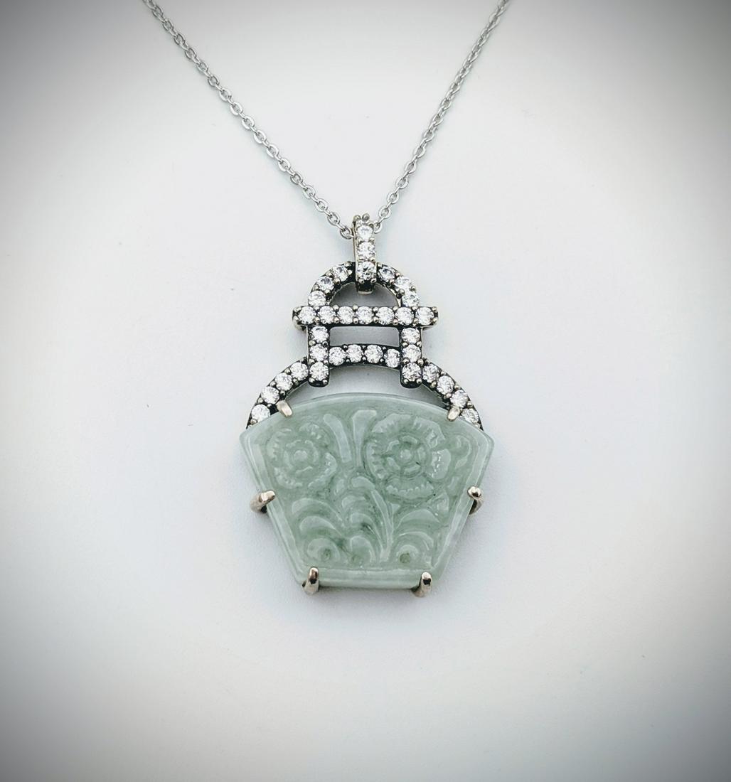Sterling Silver Necklace & Flower Engraved Jade Pendant (1 of 3)