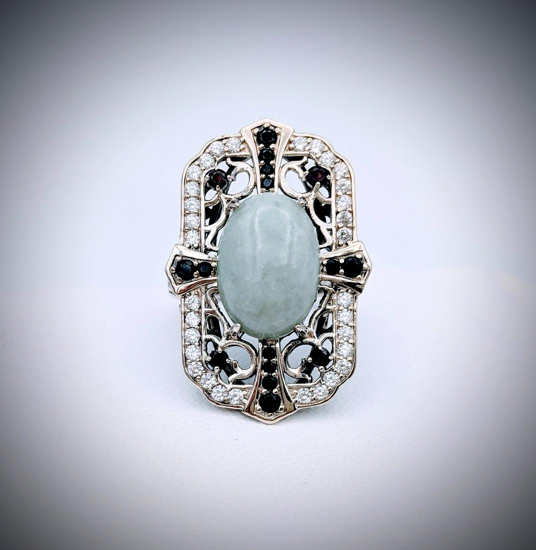 Sterling Silver Sz 7 Ring w Jade, Almandine Garnet, (1 of 3)