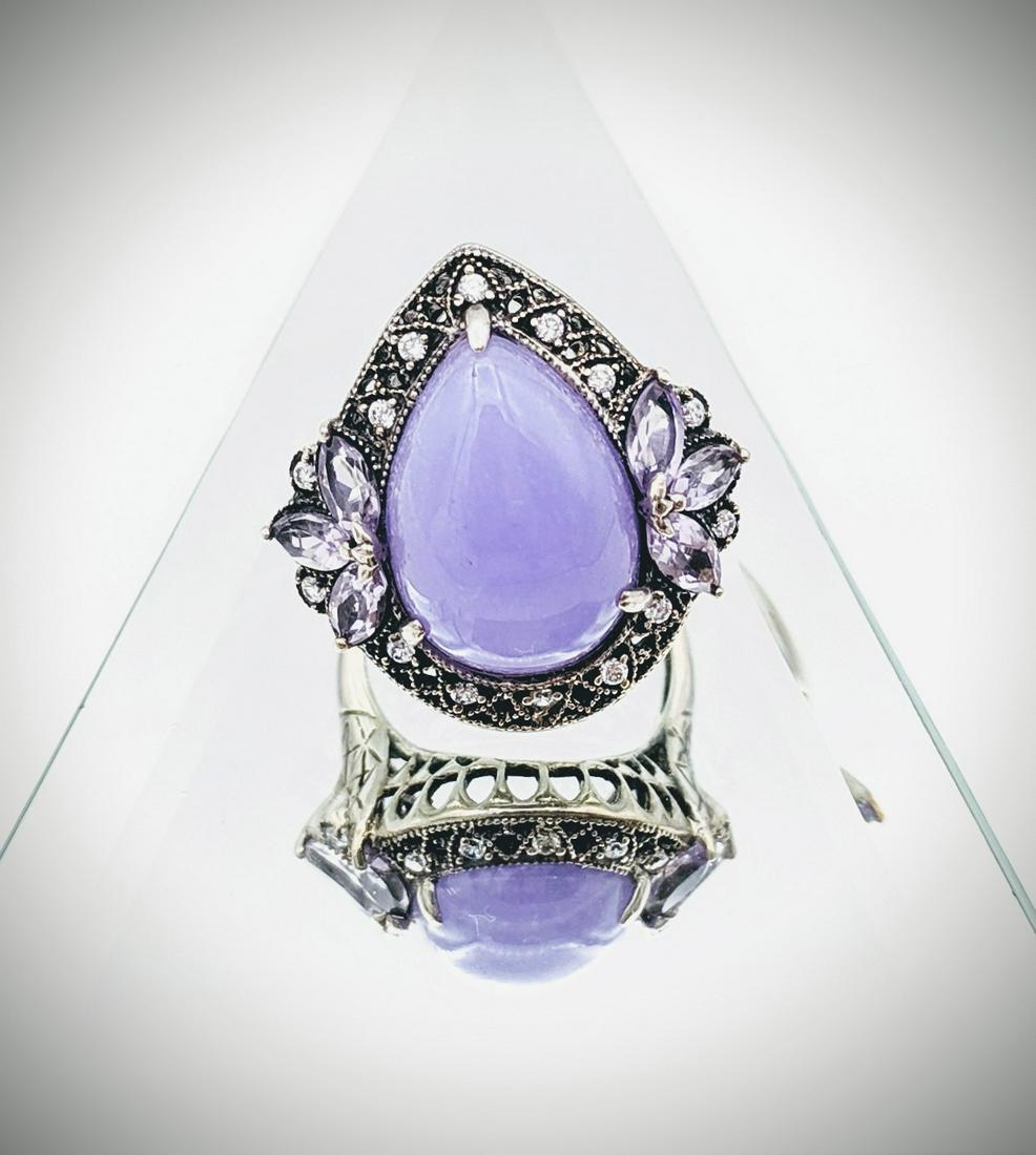 Sterling Silver Sz 8 Violet Jade, Amethyst & CZ Ring (1 of 3)