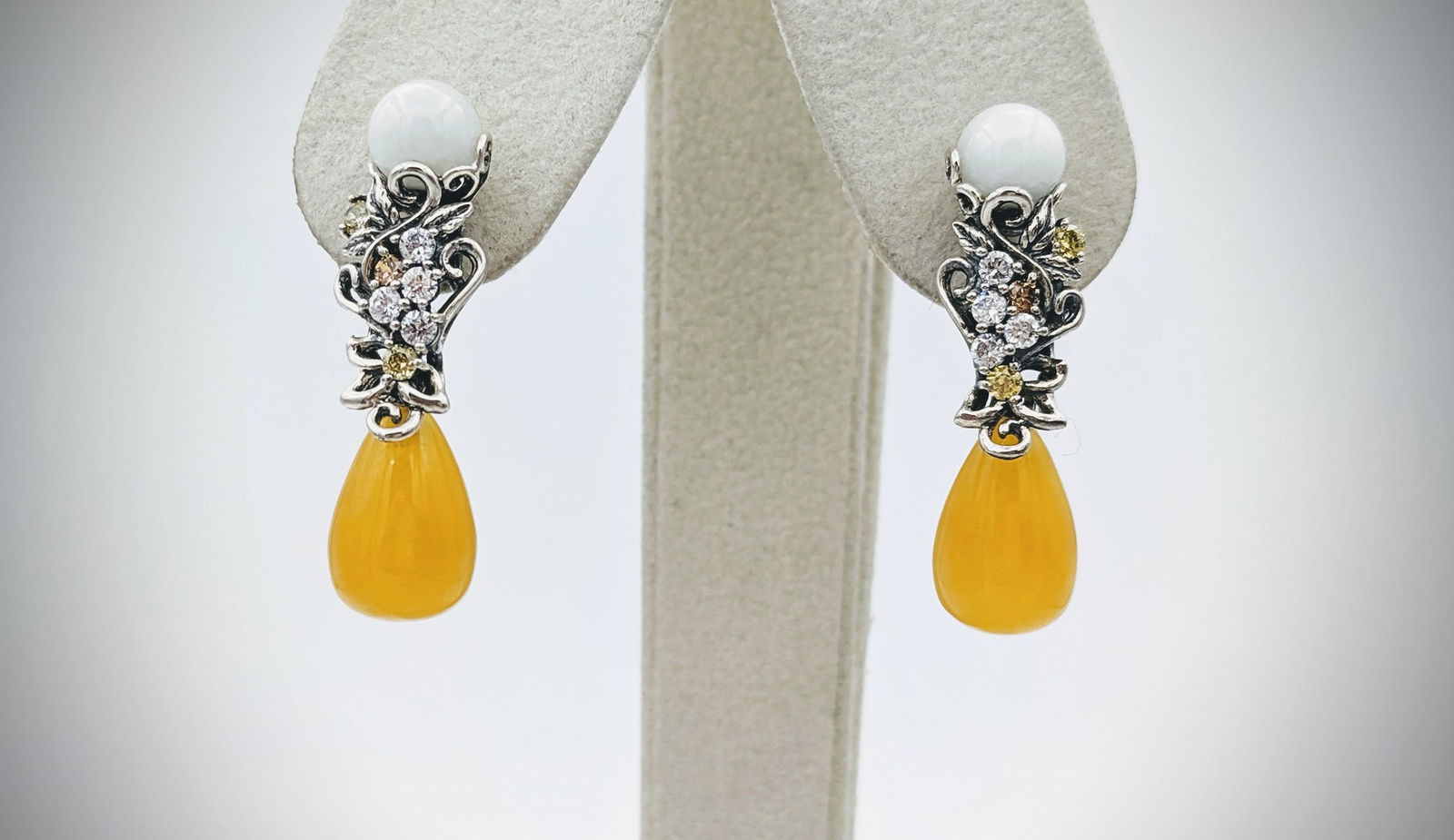 Sterling Silver White Jadeite Earrings w Yellow (1 of 2)