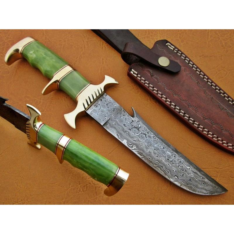 Damascus steel knife, leather green color bone with: Knife "Whisper" made of damask steel. Handle – green color bone with brass, scabbard - leather. Damascus knives are very durable, look great and keep sharpness perfectly. Damascus steel has high qua