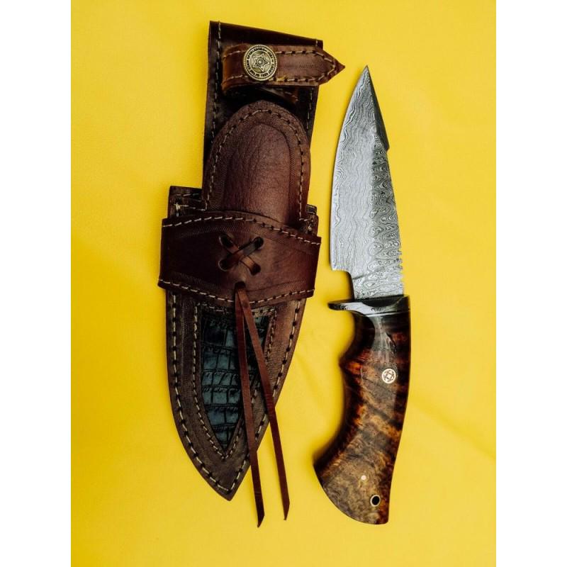 Damascus steel knife, leather sheath, wooden handle, (1 of 3)