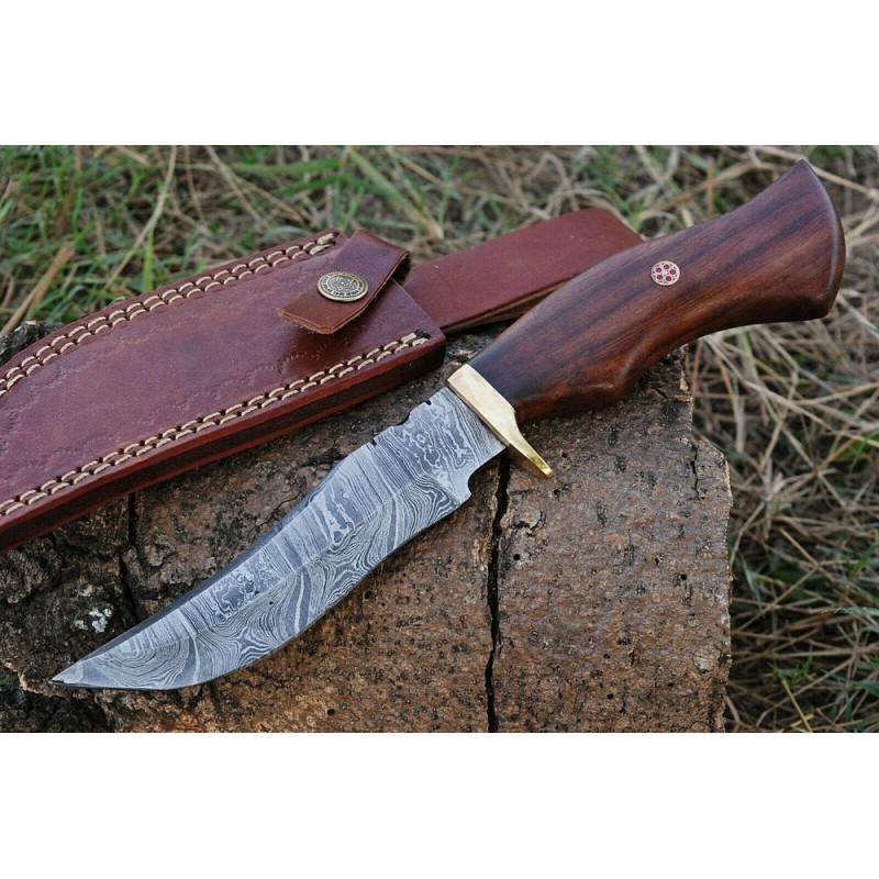 Damascus steel knife, leather sheath, rose wood handle,: Knife "Sidebar" made of damask steel. Handle – rose wood and brass guard, scabbard - leather. Damascus knives are very durable, look great and keep sharpness perfectly. Damascus steel has high quali
