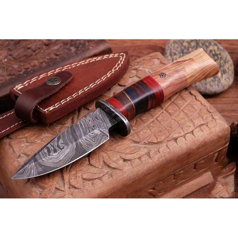 Damascus steel knife, leather sheath, wood and damascus: Knife "Component" made of damask steel. Handle – wood and damascus guard, scabbard - leather. Damascus knives are very durable, look great and keep sharpness perfectly. Damascus steel has high quali