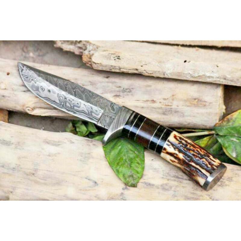Damascus steel knife, leather sheath, stag handle, wood (1 of 4)
