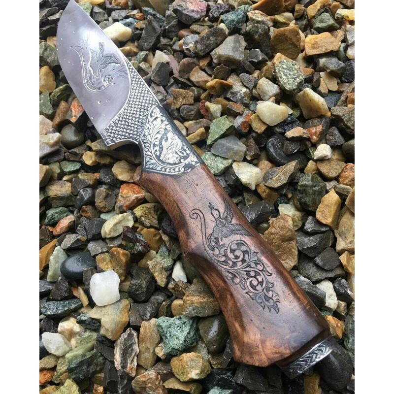 Carbon steel knife, leather sheath, rose wood handle, (1 of 4)
