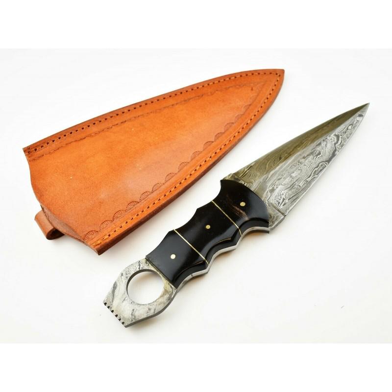 Damascus dagger steel knife, leather sheath, horn and (1 of 4)