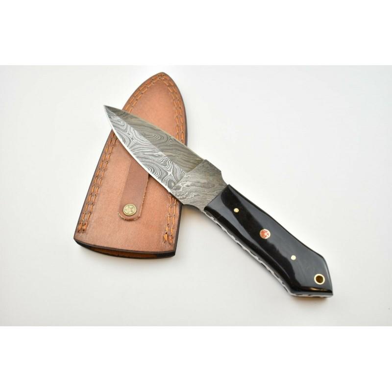 Damascus steel knife, leather sheath, bull horn handle, (1 of 4)