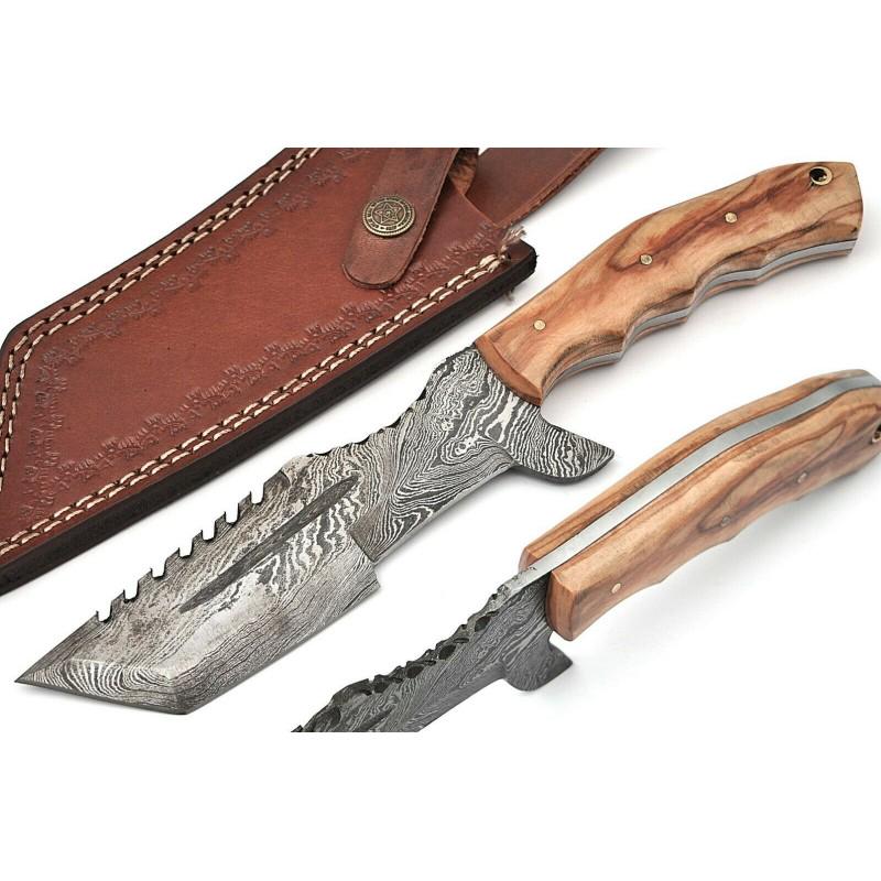 Damascus steel knife, leather sheath, olive wood (1 of 4)