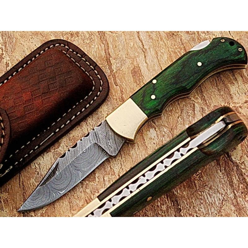 Damascus pocket steel knife, leather sheath, blue wood (1 of 4)