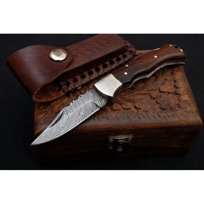 Damascus pocket steel knife, leather sheath, natural (1 of 4)