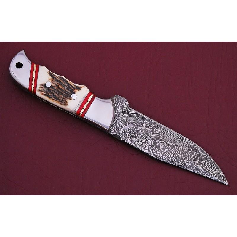 Damascus steel knife, leather sheath, stag handle, full (1 of 4)