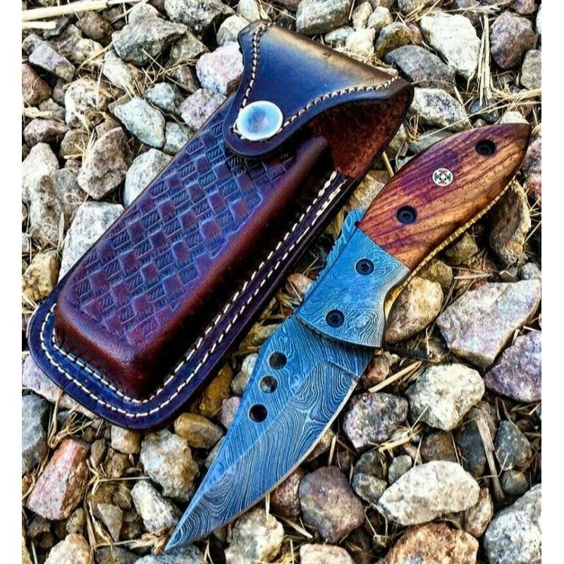 Damascus steel pocket hunting knife, leather sheath, (1 of 3)