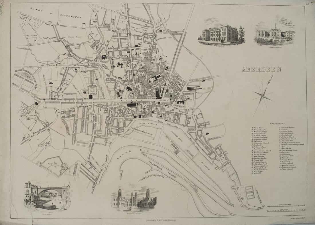 1840 Nichol Map of Aberdeen -- Aberdeen: Title/Content of Map: 1840 Nichol Map of Aberdeen -- Aberdeen Cartographer: J & D Nichol Year/Place: 1840, Edinburgh Size: 13.6 X 18.9 in. A handsome plan of Aberdeen, Scotland. Great deal of detail a