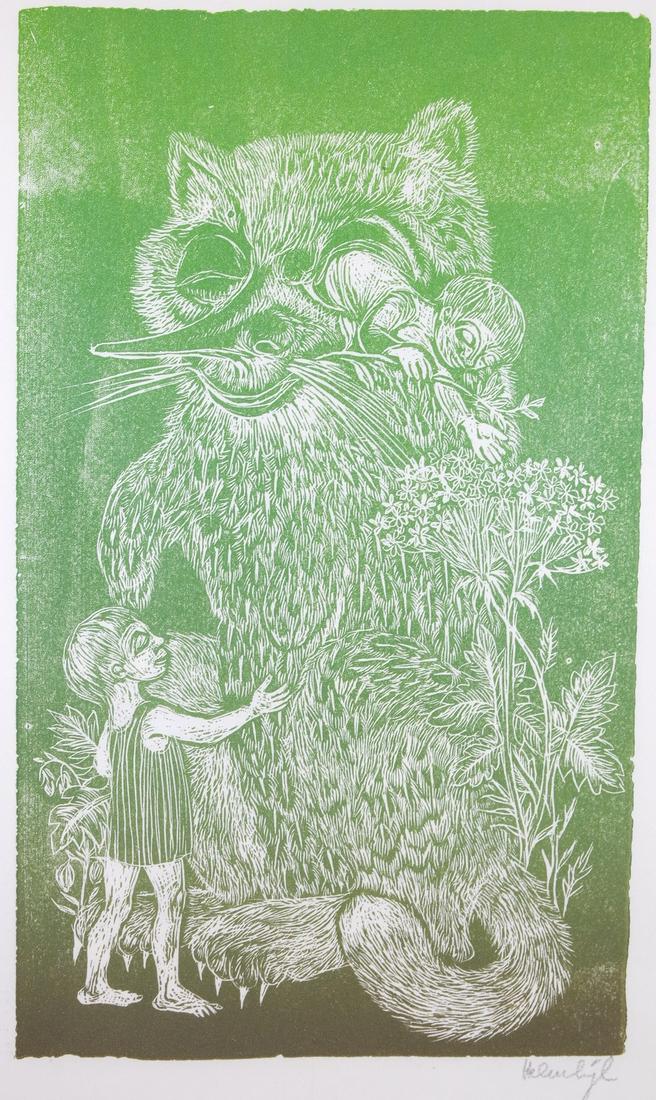 Untitled - Kids and Green Critter - Signed Helen Siegl: Title: Untitled - Kids and Green Critter - Signed Helen Siegl Wood Block Artist: Helen Siegl Medium: Block Print on Japanese Paper Size/Format: 6 x 10 1/4 Additional Information: On paper Reserve: $30
